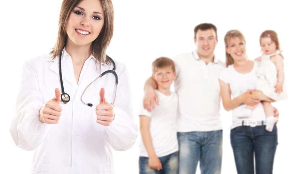 Young attractive female doctor and family isolated on white